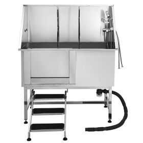 Stainless Steel Dog Washing Station, 50 inch Pet Grooming Tub w/ Stairs, PE Water Filter Board